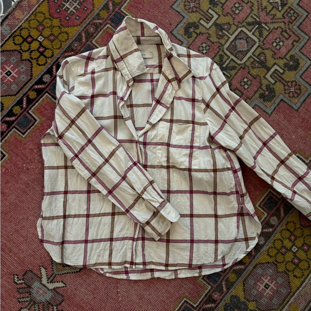 Loft Women’s Plaid Button-Up Shirt fall colors, size medium